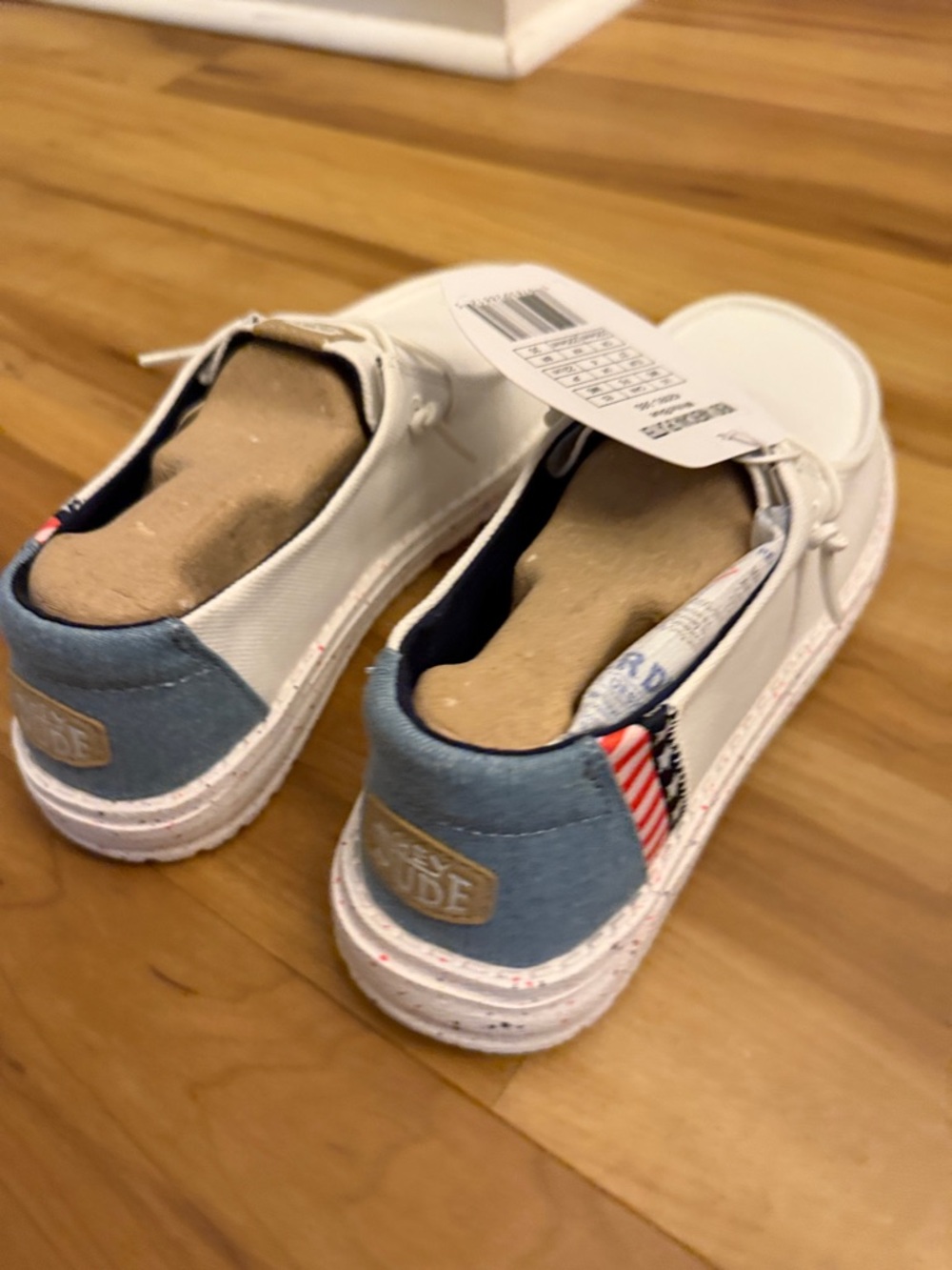 Hey Dude Americana White Canvas Slip-Ons with Navy Heel Trim